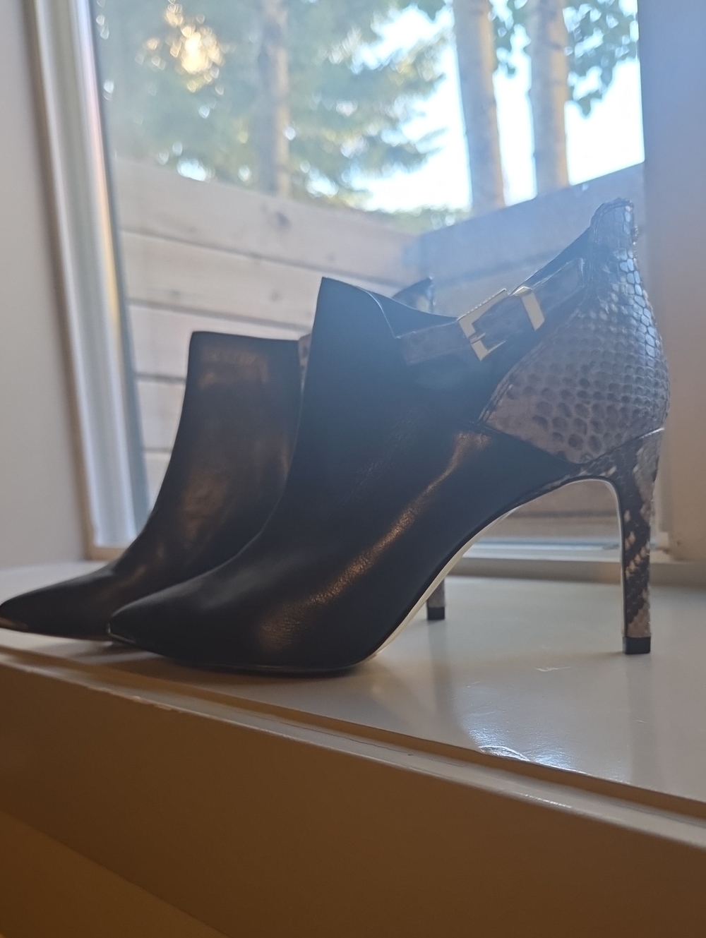 Ted Baker Black Leather Pointed Stiletto Ankle Booties with Snake-Print Heel